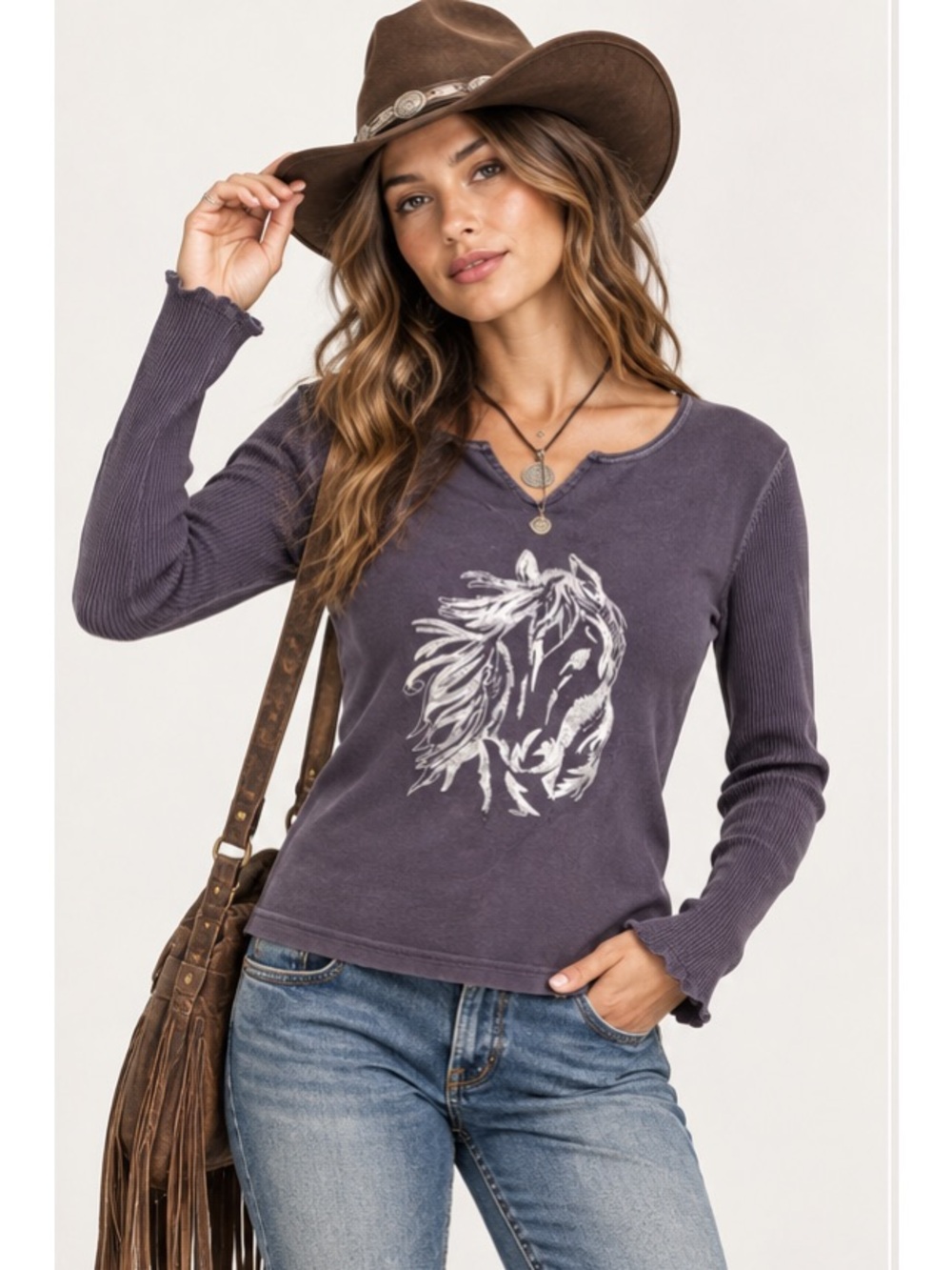 Outback Lavender Ribbed Cowgirl Y2K Western Horse Long-Sleeve Graphic Tee Large